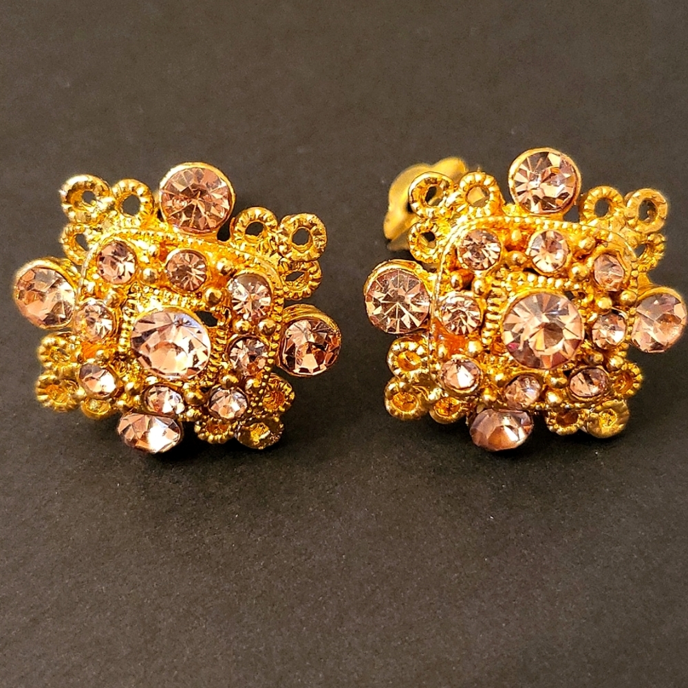 NEW Vintage Clip-on Earrings, Warm Gold-tone, Taupe Crystals